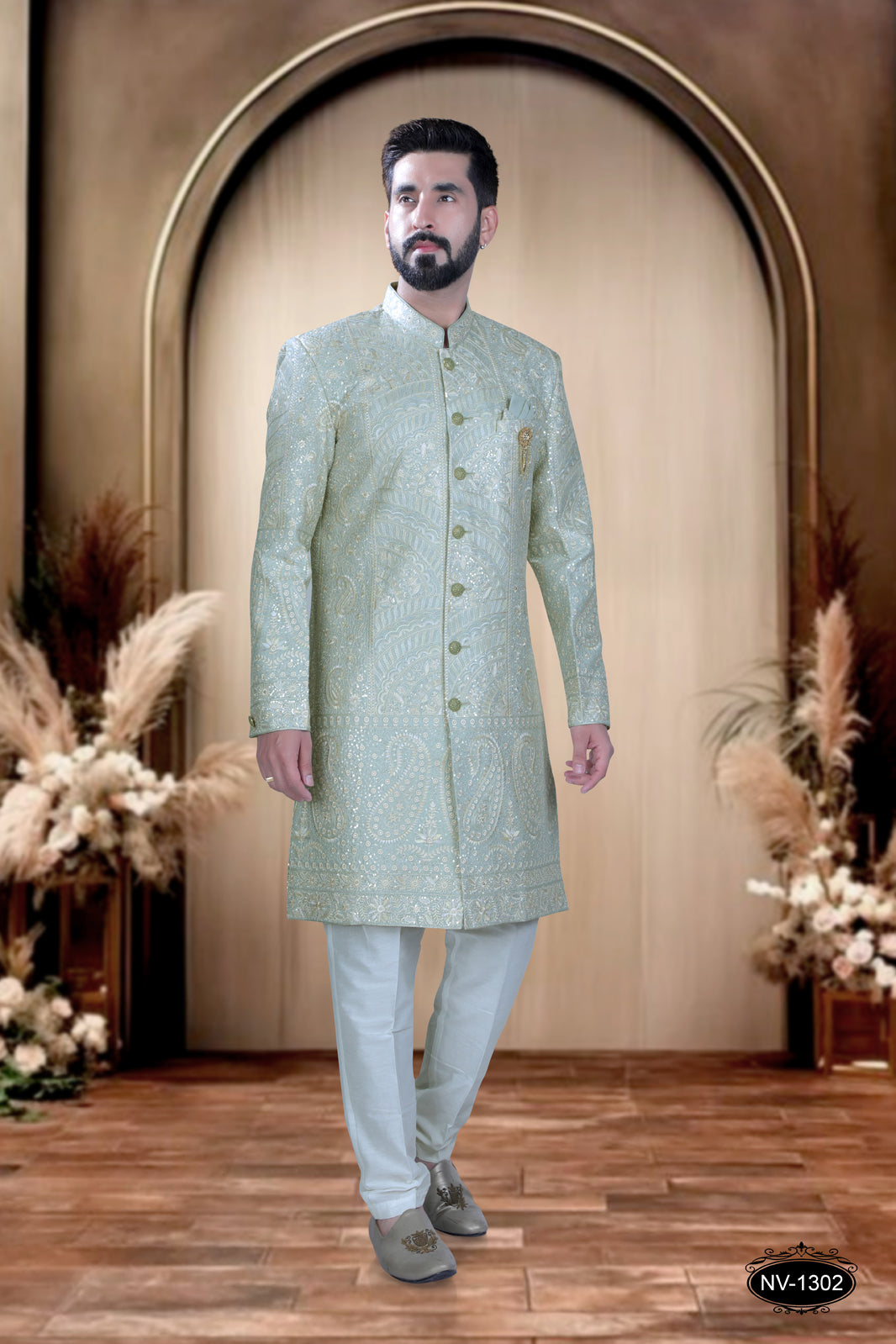 ROYAL PASTEL MINT GREEN BASE SHERWANI SET , PERFECT FOR TRADITIONAL OCCASIONS