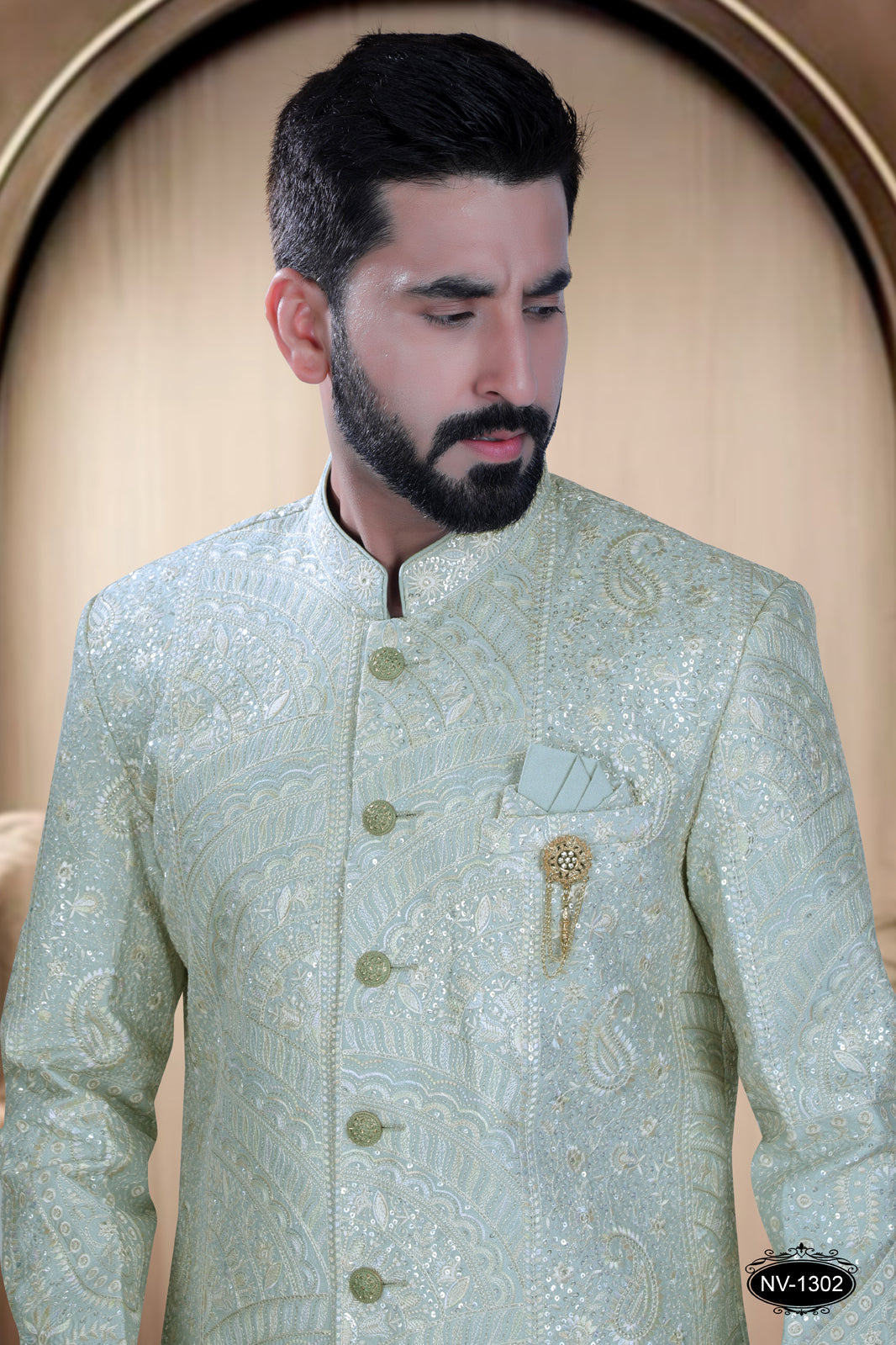 ROYAL PASTEL MINT GREEN BASE SHERWANI SET , PERFECT FOR TRADITIONAL OCCASIONS