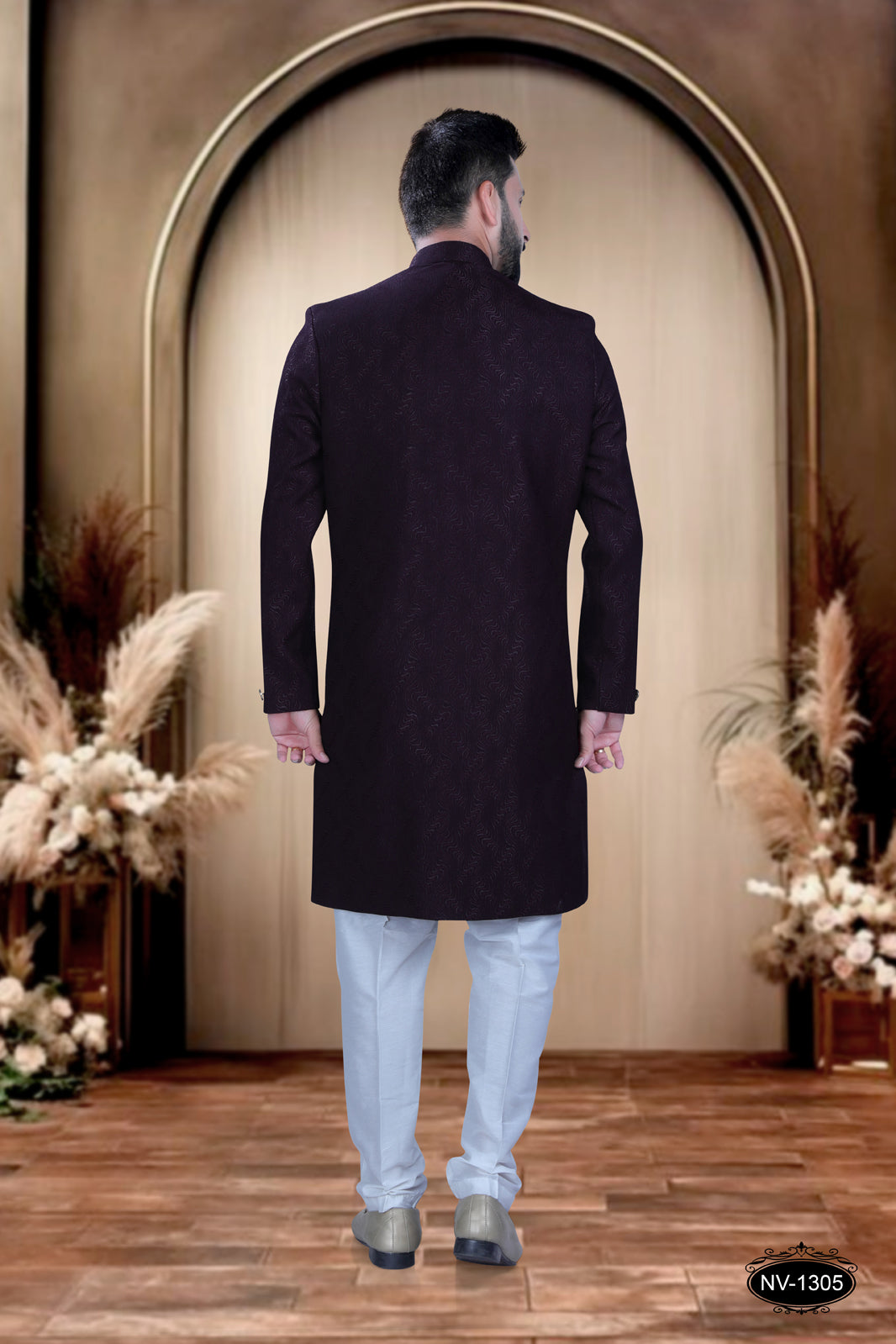 INDO-WESTERN SET IN WINE HUE WITH ELEGANT SELF-DESIGN PATTERN