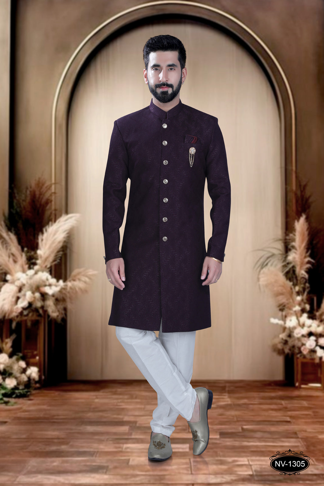 INDO-WESTERN SET IN WINE HUE WITH ELEGANT SELF-DESIGN PATTERN