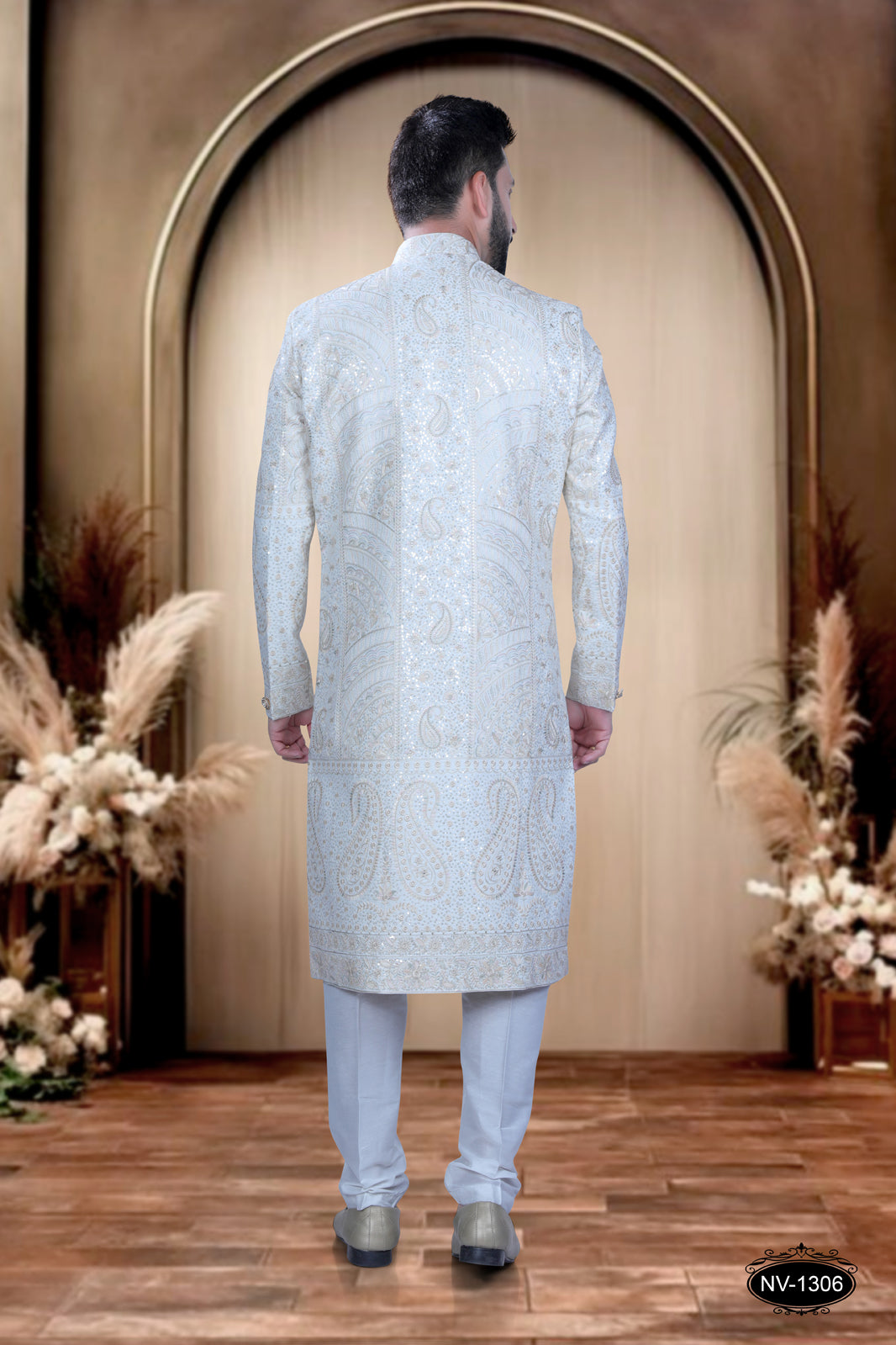 RICH WHITE BASE SHERWANI SET WITH HEAVY THREAD-WORK FOR EVERY TRADITIONAL OCCASIONS