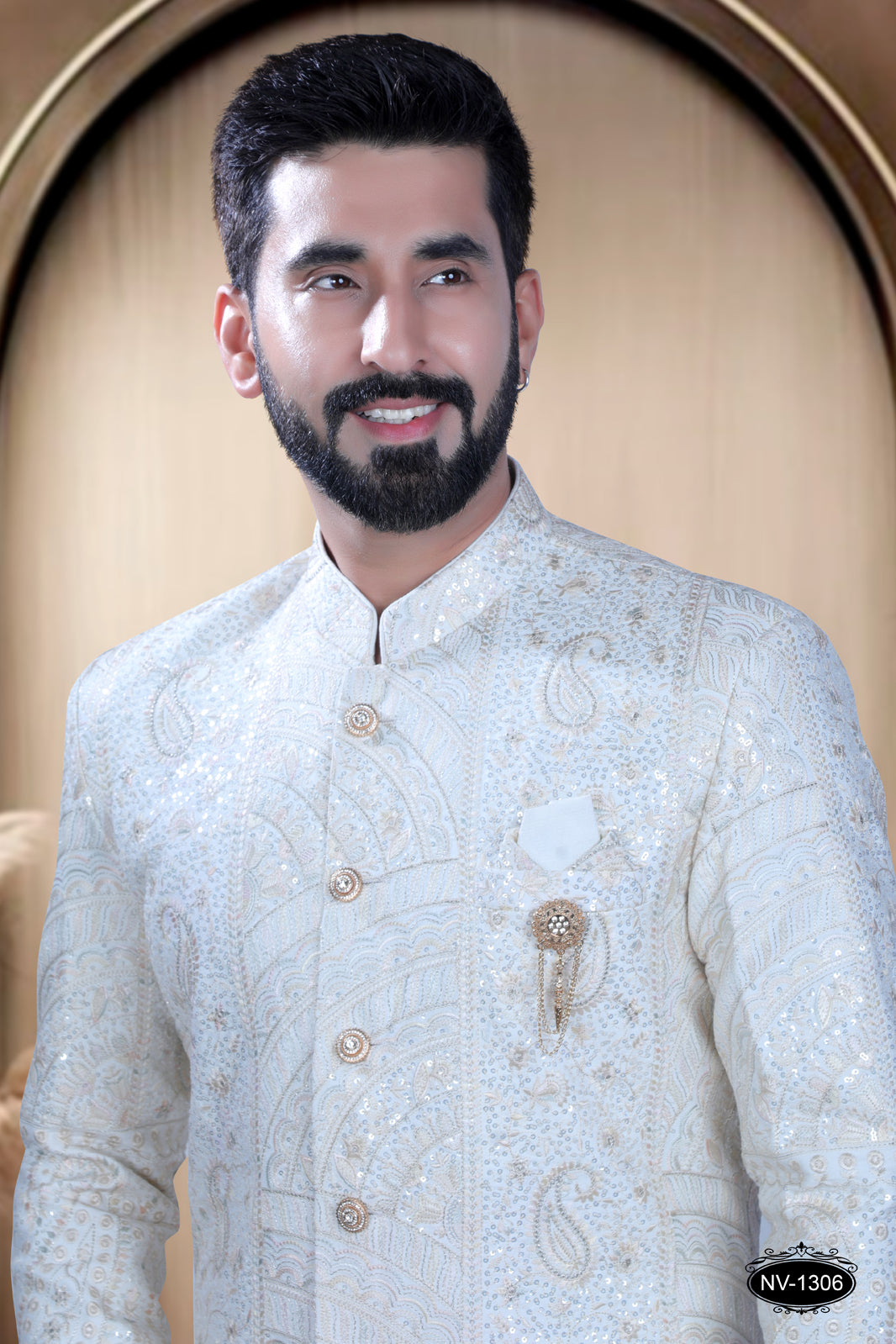 RICH WHITE BASE SHERWANI SET WITH HEAVY THREAD-WORK FOR EVERY TRADITIONAL OCCASIONS