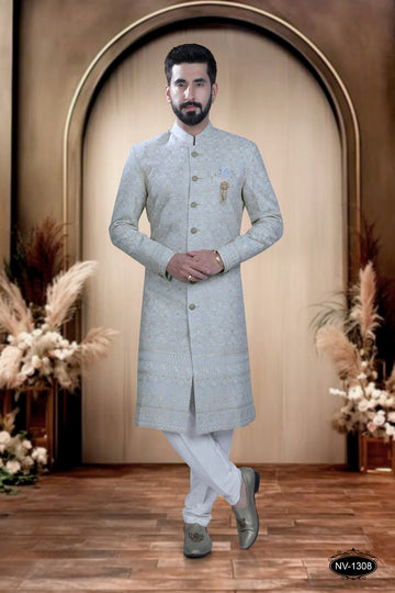 BLUE BASE SHERWANI SET WITH HEAVY THREAD-WORK FOR EVERY TRADITIONAL OCCASIONS