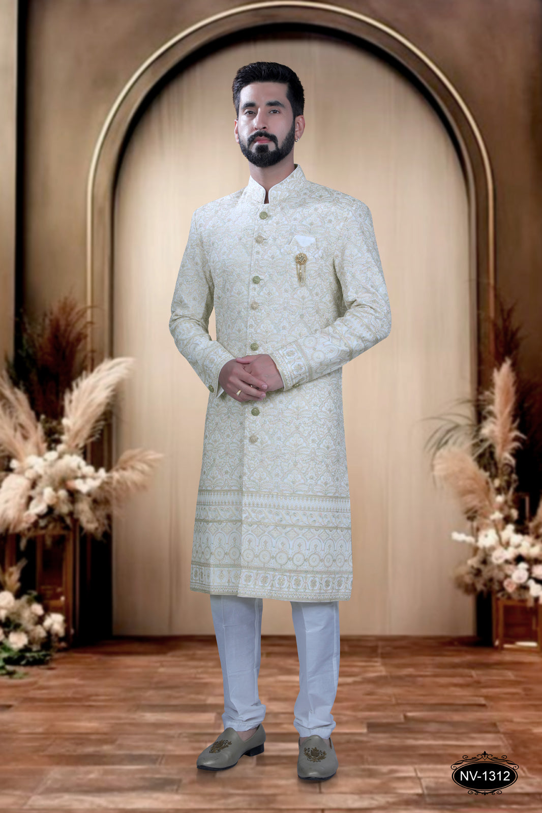 WHITE BASE SHERWANI SET WITH HEAVY THREAD-WORK FOR EVERY TRADITIONAL OCCASIONS