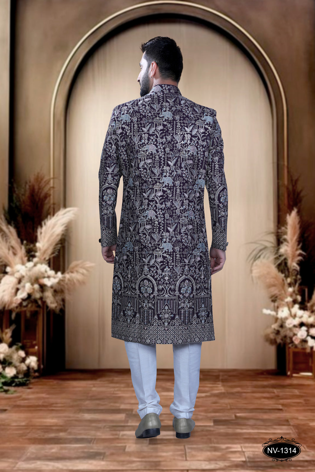 WINE HUE SHERWANI WITH DESIGNER PANEL & HEAVY THREAD-WORK