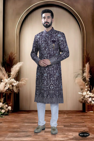 WINE HUE SHERWANI WITH DESIGNER PANEL & HEAVY THREAD-WORK