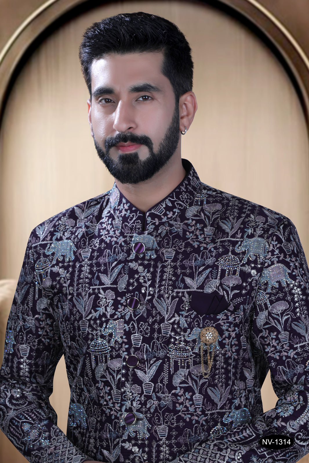 WINE HUE SHERWANI WITH DESIGNER PANEL & HEAVY THREAD-WORK