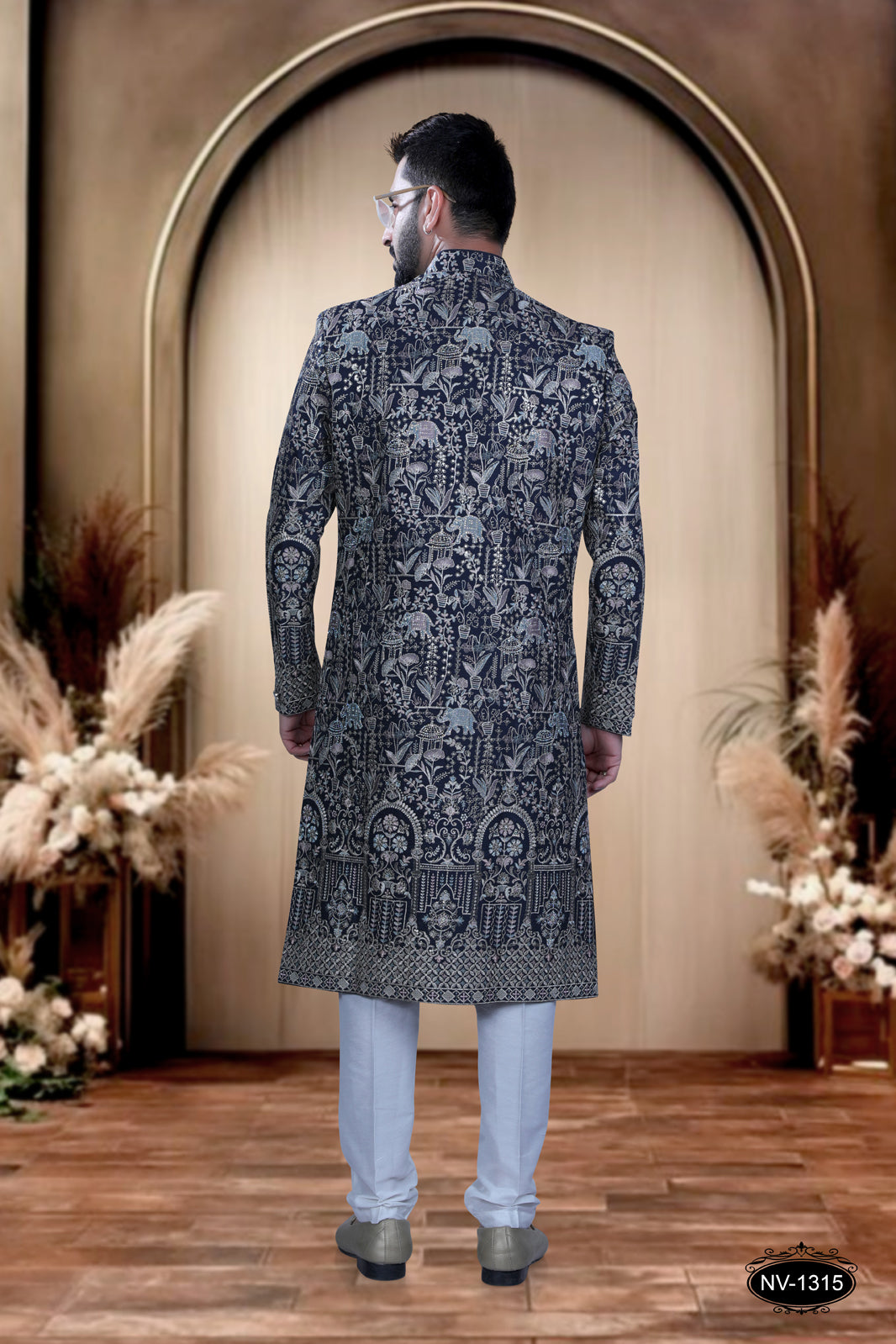 BLUE HUE SHERWANI WITH DESIGNER PANEL & HEAVY THREAD-WORK