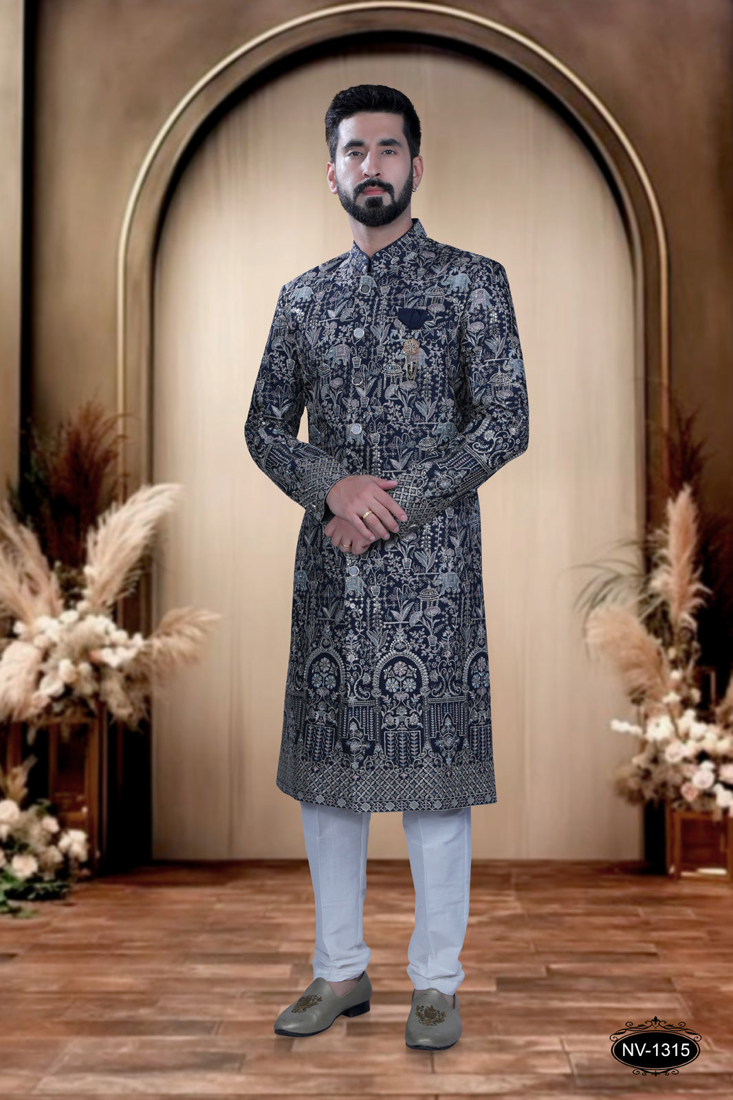 BLUE HUE SHERWANI WITH DESIGNER PANEL & HEAVY THREAD-WORK