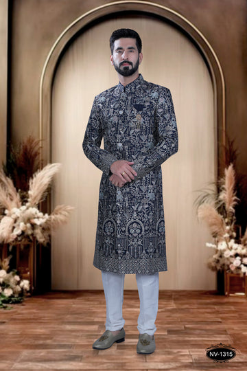 BLUE HUE SHERWANI WITH DESIGNER PANEL & HEAVY THREAD-WORK