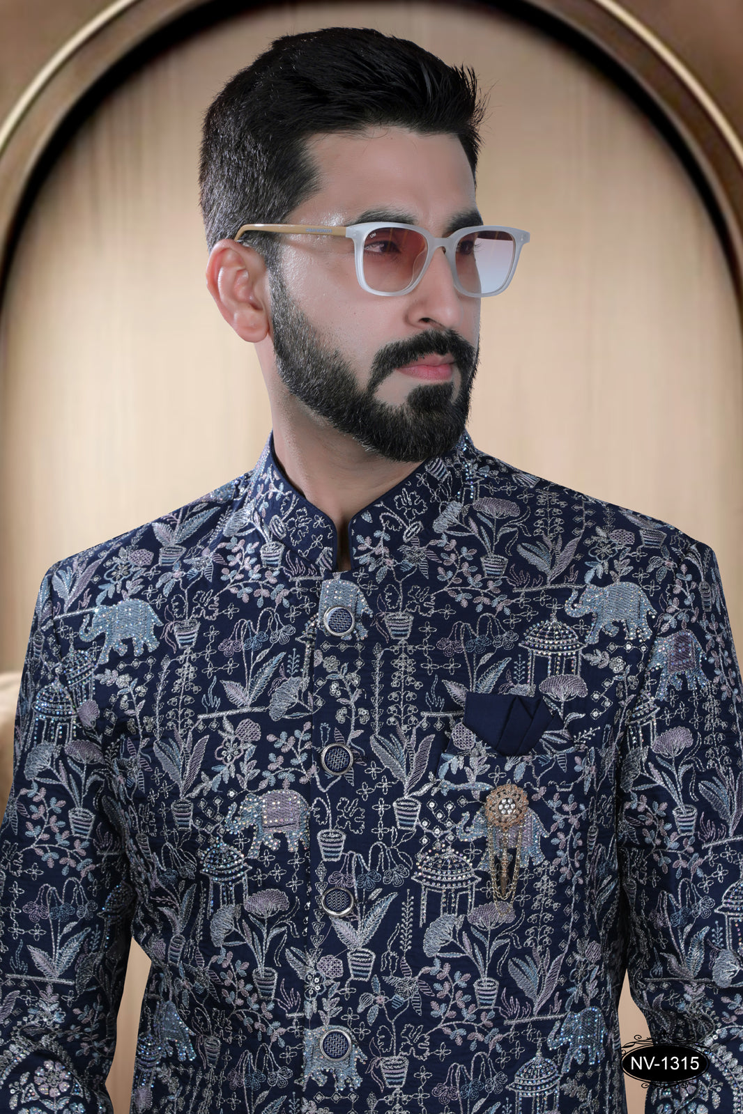 BLUE HUE SHERWANI WITH DESIGNER PANEL & HEAVY THREAD-WORK