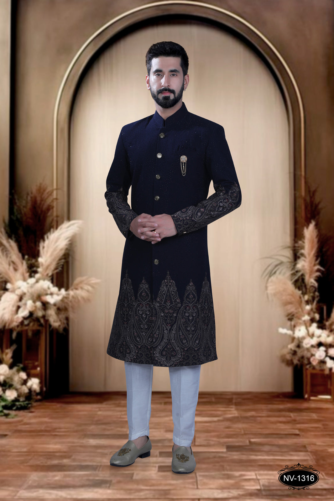 SHERWANI SET WITH DIAMOND-WORK & DESIGNER PANEL FOR RICH CHARM
