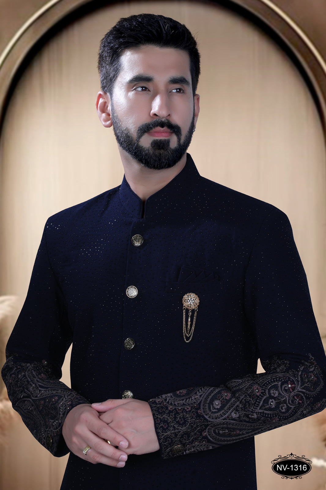 SHERWANI SET WITH DIAMOND-WORK & DESIGNER PANEL FOR RICH CHARM