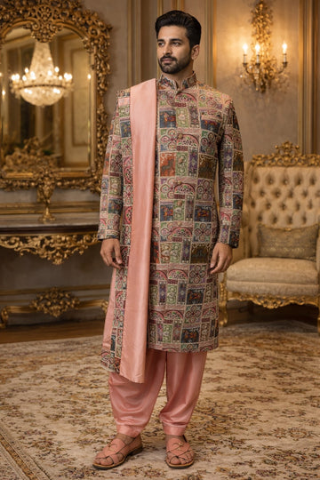 HEAVY THREAD WORK SHERWANI SET WITH DUPATTA  IN PINK HUE , PERFECT FOR EVERY OCCASIONS