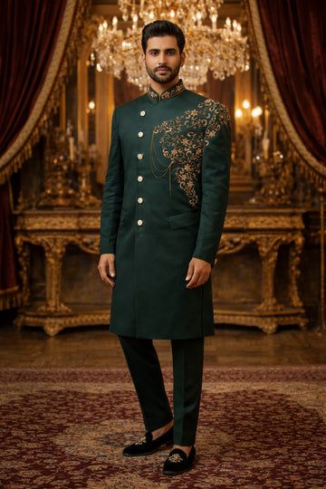 SHERWANI SET IN GREEN TONE WITH HEAVY HAND EMBROIDERY FOR EVERY WEDDING OCCASIONS