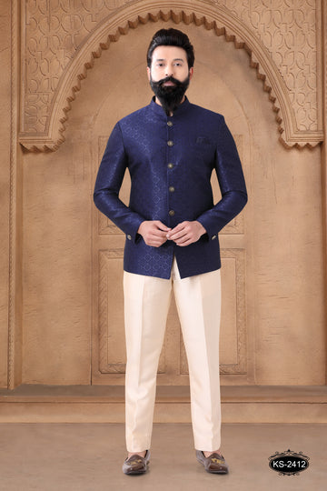 BANDHGALA SET IN BLUE HUE WITH SELF-DESIGN