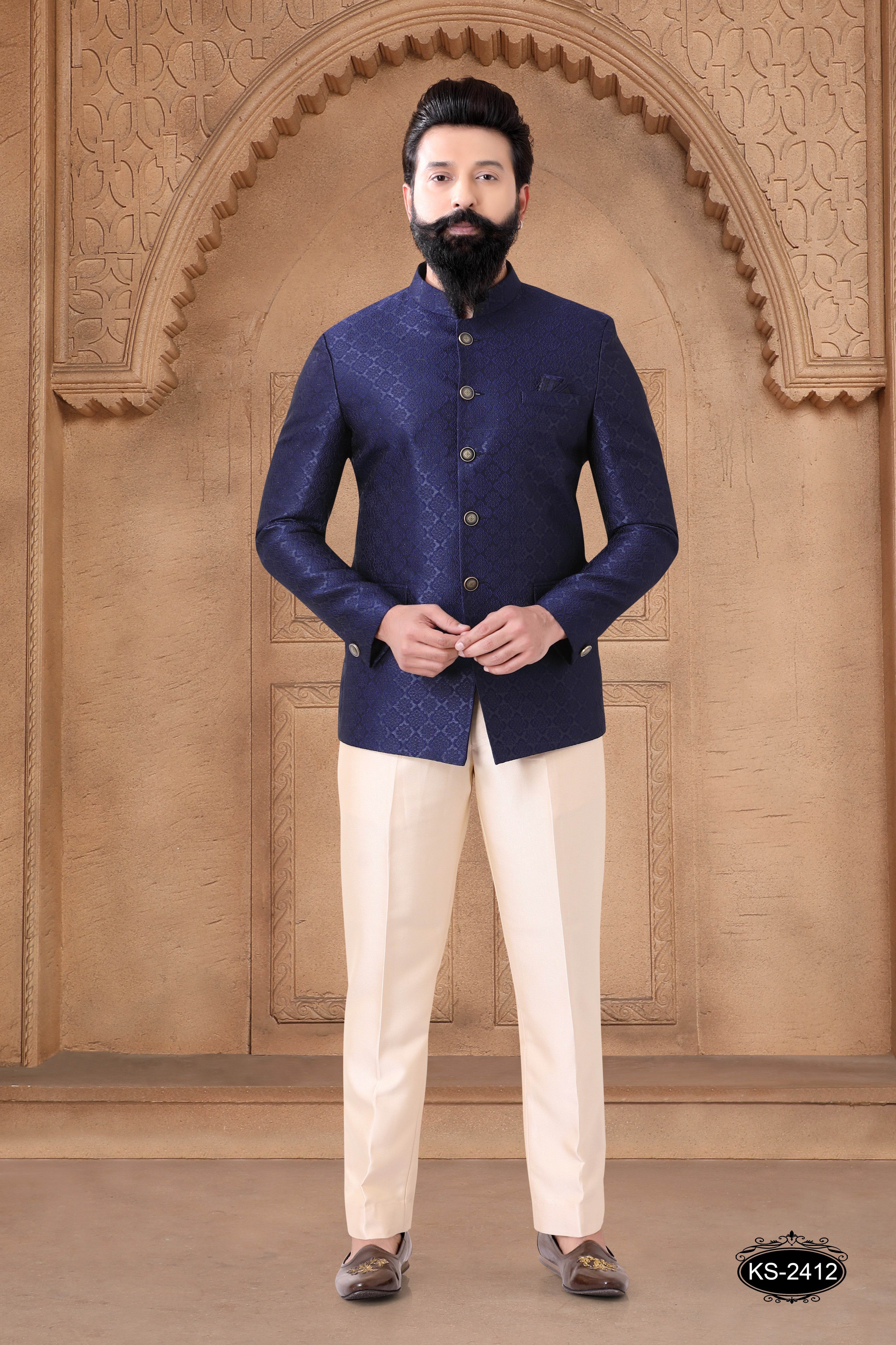BANDHGALA SET IN BLUE HUE WITH SELF-DESIGN